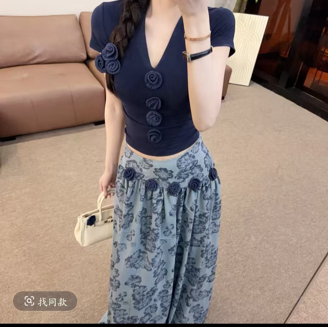 보헤미안 휴가 바람 파란색 V넥 맨위 큰 진자 홀치기 염색 반신 스커트 투피스 세트