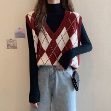 批发复古菱形格纹马甲女2025秋季新款V领短款针织上衣宽松坎肩外穿潮