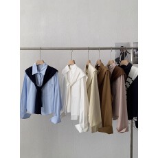 批发东大门2025年纯色翻领单排扣长袖衬衫叠搭纯色针织披肩两件套上衣