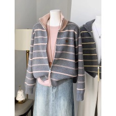 批发<b class='q'>条纹</b>立领针织<b class='q'>开衫</b>女秋冬宽松新款百搭休闲加厚毛衣外套显瘦上衣