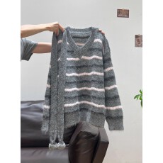批发<b class='q'>夏</b>珍宽松条纹飘带围脖加厚保暖毛衣女秋冬2025新款复古感针织上衣