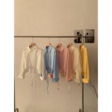 批发2026下摆抽绳翻领单排扣薄款微透<b class='q'>长袖</b>棉麻短款衬衫上衣女防晒衬衣