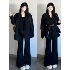 批发2026新款慵懒风韩系高级感黑色翻领针织开衫<b class='q'>毛衣外套</b>女秋冬小个子