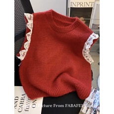 批发新年小香风<b class='q'>蕾丝拼接</b>红色马甲毛衣女秋冬季高级感叠穿针织背心上衣