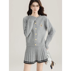 批发韩系学院风套装甜美灰色长袖毛衣外套女秋冬针织<b class='q'>百褶</b><b class='q'>半身裙</b>两件套