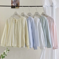 淡系氧气少女薄荷绿捏褶系带圆领长袖衬衫女春季纯色清新柔美衬衣