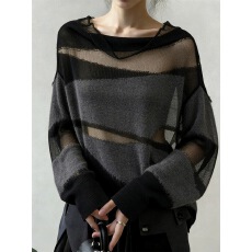 批发韩系黑色网纱拼接镂空针织衫女春<b class='q'>秋</b>独特别致设计感慵懒风宽松上衣