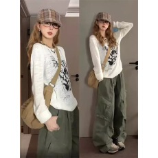 批发美式复古涂鸦针织长袖<b class='q'>t</b><b class='q'>恤</b><b class='q'>女</b>早春慵懒风小众显瘦镂空薄款罩衫上衣