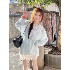 批发镂空破坏针织套头罩衫宽松休闲男女潮流百搭长袖毛衣