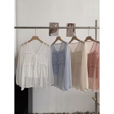 批发韩系褶皱带v领长袖<b class='q'>雪纺</b>衫女2026夏季薄款配吊带<b class='q'>两件套</b>上衣防晒衫