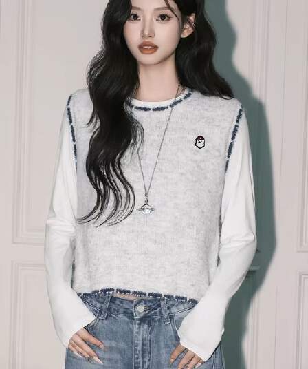 한 부서 회색 라운드 넥 니트 조끼 여자 가을 디자인 센스 배색 민소매 조끼 맨위