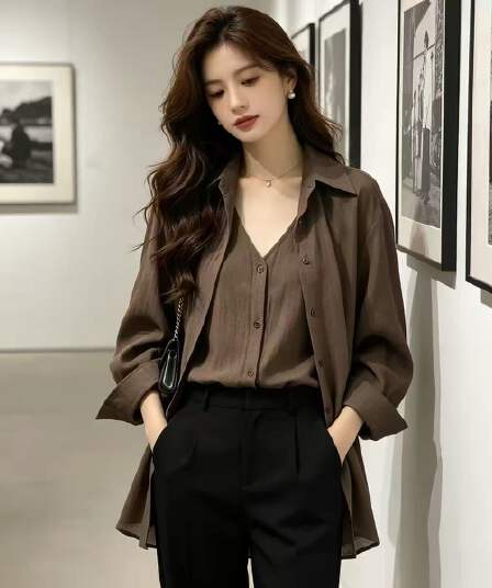 깊은 커피 색상 페이크 레이어드 디자인 센스 얇은 스타일 긴팔 여성 셔츠 여름 한 바람 레트로 표지 고기 에어컨 셔츠
