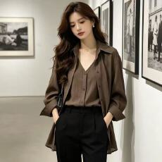 批发深咖色假两件设计感薄款长袖衬<b class='q'>衫</b>女夏季韩风复古遮肉<b class='q'>空调</b><b class='q'>衫</b>
