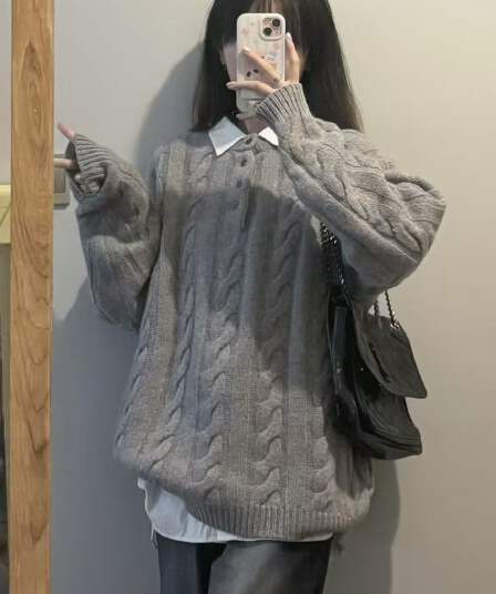 한 부서 고급 센스 회색 꽈배기 스웨터 여자 가을 겨울 풀오버 슬림해 보이는 루즈핏 느긋한 바람 캐주얼 니트 스웨터 맨위