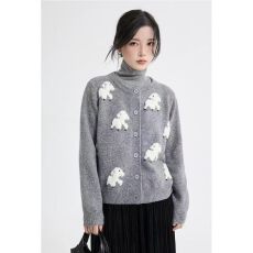 批发「11支优越羊羔绒」小羊提花！黄色毛衣开衫女冬高级针织上衣