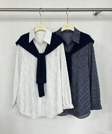 한 부서 POLO 칼라 니트 숄 스트라이프 여성 셔츠 조기 가을 새로운 학원 스타일 루즈핏 다용도 셔츠 맨위