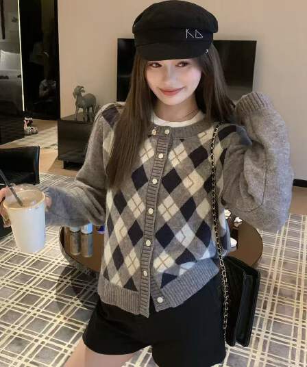 베를린 오래된 꿈 레트로 체크무늬 라운드 넥 니트 오픈 가디건 여성 가을 한 부서 슬림해 보이는 다용도 스웨터 코트