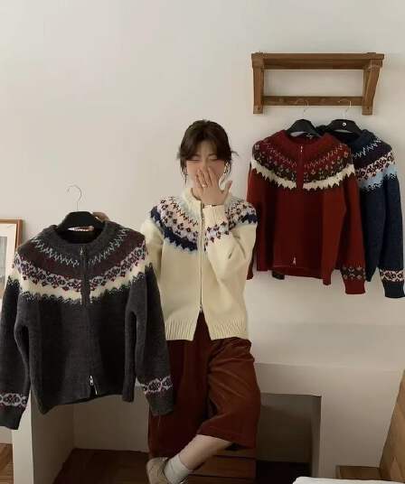 공정한 섬 더블 지퍼 라운드 넥 스웨터 오픈 가디건 여성 가을 겨울 슬림해 보이는 느긋한 캐주얼 니트 스웨터 맨위