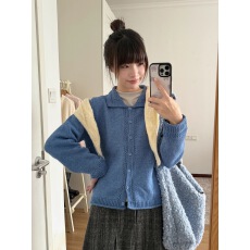 批发暖岛翻领小镂空花边毛衣开衫外套女植绒扣针织上衣