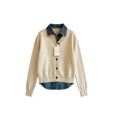 批发<b class='q'>大码</b><b class='q'>女装</b>秋季26新款设计感红杏色POLO领毛衣拼接牛仔假两件上衣女