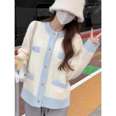 批发拼接撞色毛衣女秋冬宽松慵懒风高级感加厚小香外套针织开衫上衣