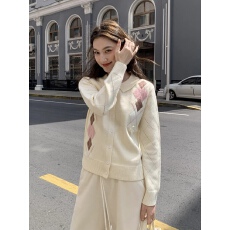 批发撞色菱格蝴蝶结针织开衫女春秋新款宽松显瘦小翻领上衣
