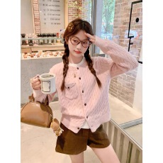批发韩系粉色麻花<b class='q'>毛衣</b>开衫女秋冬季新款宽松慵懒针织外套上衣