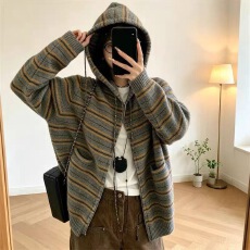 批发觅定慵懒条纹拉链连帽<b class='q'>毛衣</b><b class='q'>开衫外套</b>女秋冬长袖针织上衣卫衣厚韩系