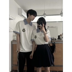 批发实拍2026年<b class='q'>夏</b>季新款情侣学院风拼色格子POLO短袖学生班服校服套装
