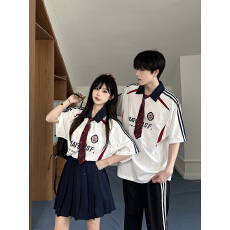 批发实拍 2026新款情侣装撞色拼接POLO<b class='q'>短袖</b>男女学生班服 校服套装