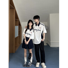 批发2026新款情侣装夏季撞色POLO<b class='q'>短袖</b>休闲男女学生班服校服套装