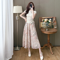 批发新中式国风盘扣提花短袖套装女夏设计感斜襟改良旗袍领上衣两件套