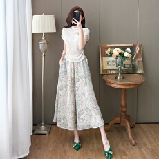 批发2026新中式国风短袖套装女夏设计感斜襟改良旗袍领上衣两件套年轻