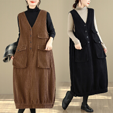 批发实拍大货2025冬宽松大版大口袋全棉水洗灯芯绒开钮长款连衣裙女