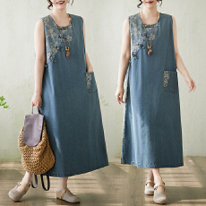 实拍大货2026夏新款复古风盘扣宽松提花拼色开叉长款牛仔连衣裙女