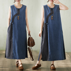 批发实拍大货2026夏新款复古新中式宽松<b class='q'>牛仔</b>拼色<b class='q'>牛仔</b>连衣裙背心裙