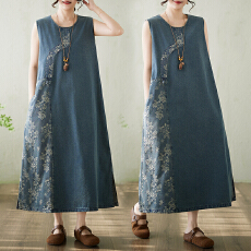 批发实拍大货2026夏新款大货宽松复古缇花拼色开叉<b class='q'>牛仔</b>连衣裙长背心裙