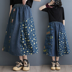 批发实拍2026夏大货复古印花宽松大码松紧腰不规则拼接牛仔<b class='q'>半身裙</b>