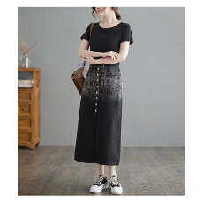 批发实拍大货2026春夏复古印花渐变<b class='q'>半身裙</b>前开钮牛仔长裙