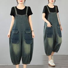 批发实拍大货2026夏薄款宽松<b class='q'>大码</b>韩系怀旧水洗牛仔口袋刺绣<b class='q'>背带裤</b>女
