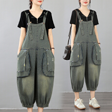 批发实拍大货2026夏薄款宽松双层大口袋刺绣韩系怀旧水洗牛仔<b class='q'>背带裤</b>女