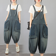 批发实拍2026夏大货宽松大口袋刺绣复古水洗韩版薄牛仔<b class='q'>背带裤</b>女