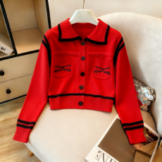 批发复古撞色Polo领针织开衫女2025秋冬<b class='q'>短</b>款小个子学院风减龄毛衣外套