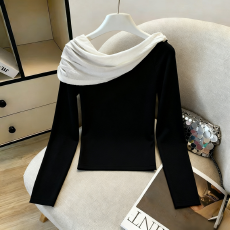 批发设计感<b class='q'>一字肩</b>撞色长袖上衣女2025秋冬新款修身显瘦小众气质打底衫