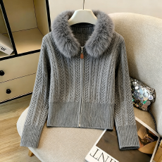 批发实拍大毛领连帽针织衫上衣女秋冬慵懒风百搭长袖修身麻花开衫外套