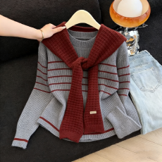 批发实拍条纹圆领披肩穿搭毛衣套头女2026春<b class='q'>夏</b>新款休闲百搭针织衫上衣