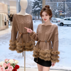 批发实拍法式名媛风洋气腰带收腰针织衫女新款拼接毛毛绝美百搭毛衣裙