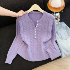 批发实拍法式气质纽扣半开胸坑条针织衫女春季显瘦百搭麻花<b class='q'>长袖</b>毛衣