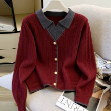 批发实拍假两件翻领洋气针织宽松毛衣内搭短款百搭打底衫外套上衣女