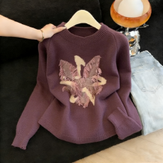 批发实拍圆领落肩袖重工针织长袖毛衣韩版慵懒风流苏宽松外穿上衣外套